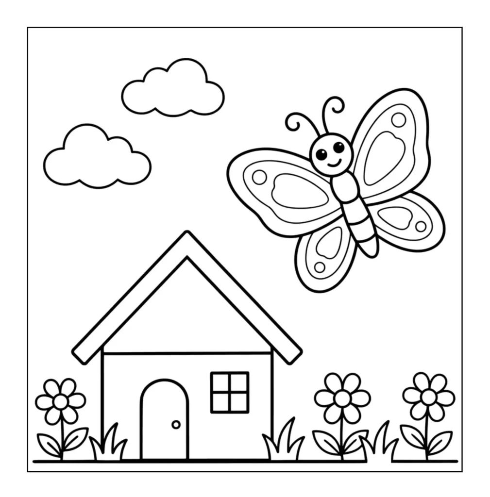 Butterfly flying near a cottage.