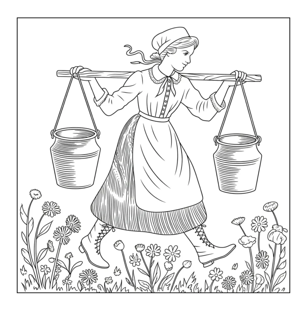 Milkmaid carrying pails through flowers.