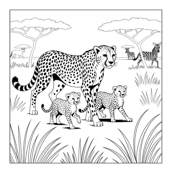 Mother cheetah walking with cubs.