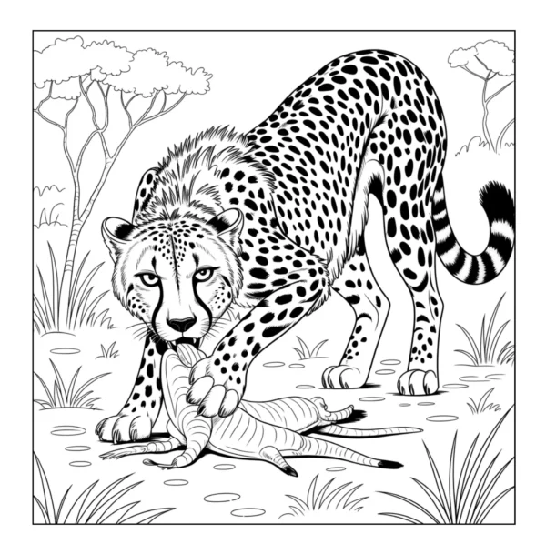 Cheetah with prey in savannah.