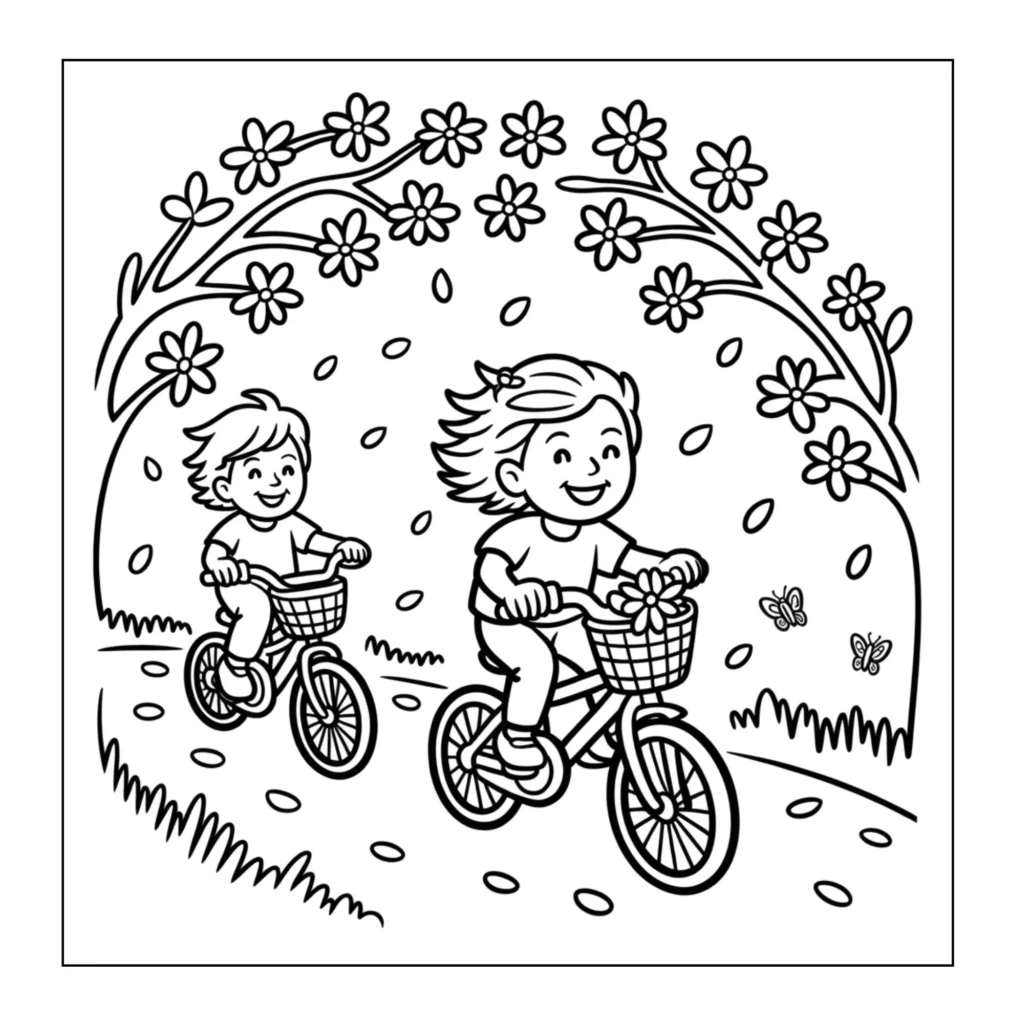 Children riding bikes under blossoms.