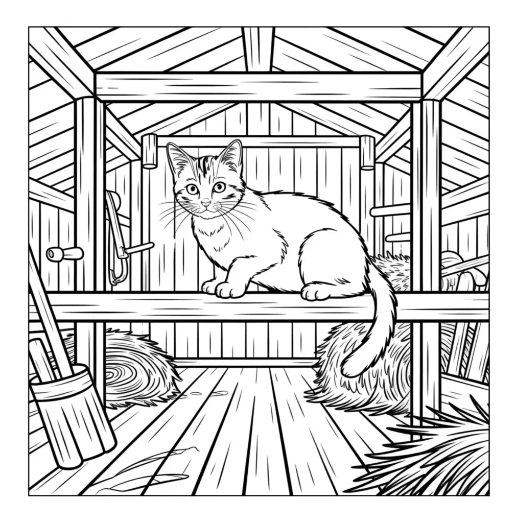 Cat resting in a rustic barn.