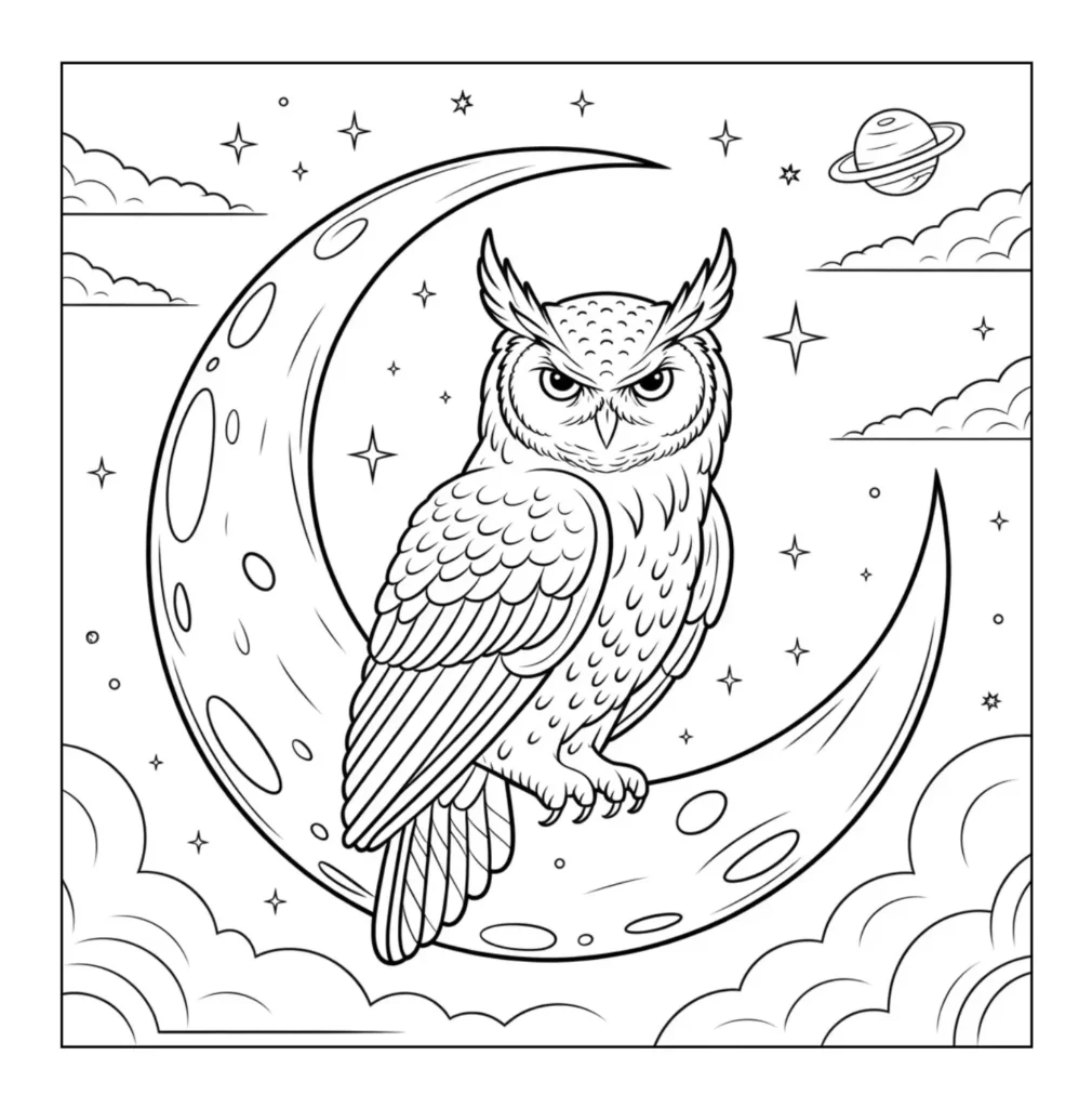 Owl perched on crescent moon.
