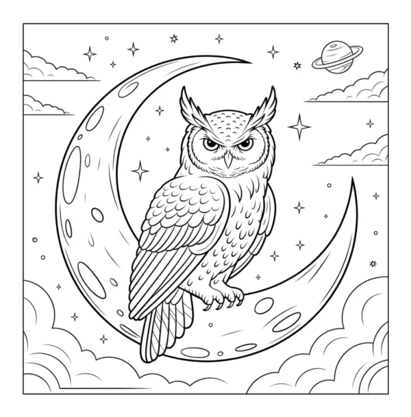 Owl perched on crescent moon.