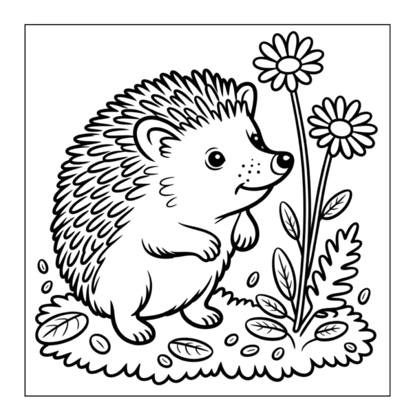 Cute hedgehog near garden daisies.