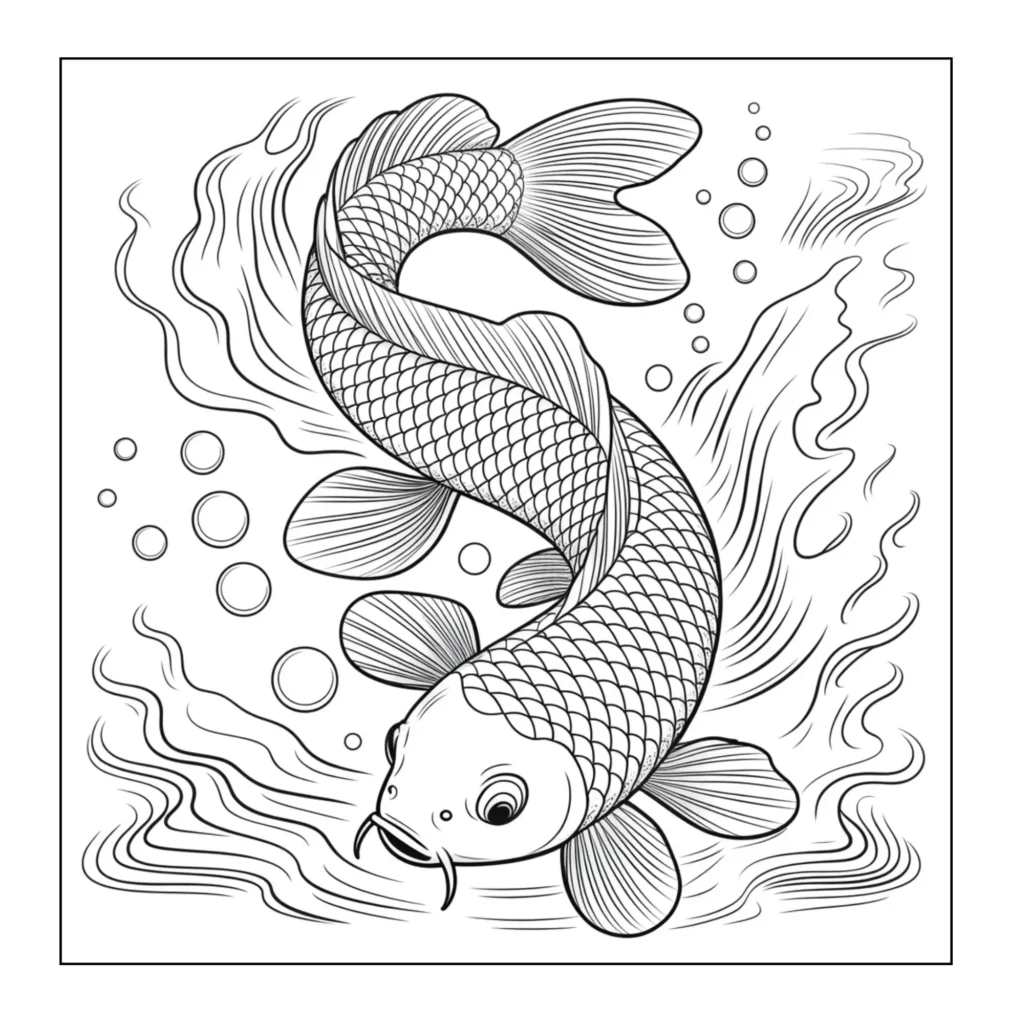 Koi fish swimming with bubbles.