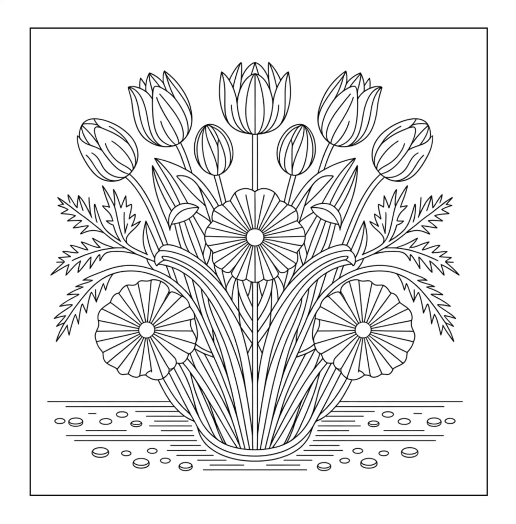 Vase filled with tulips daisies.