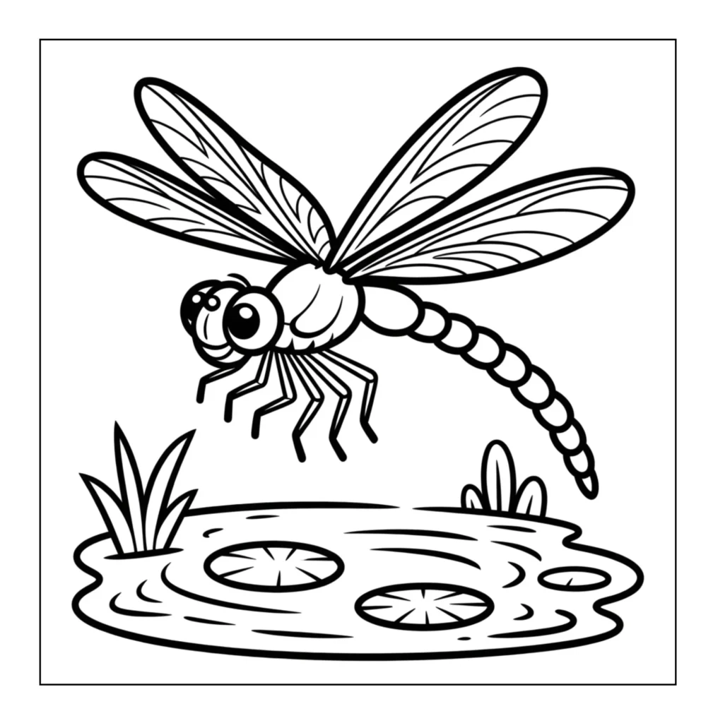 Dragonfly hovering over pond water.