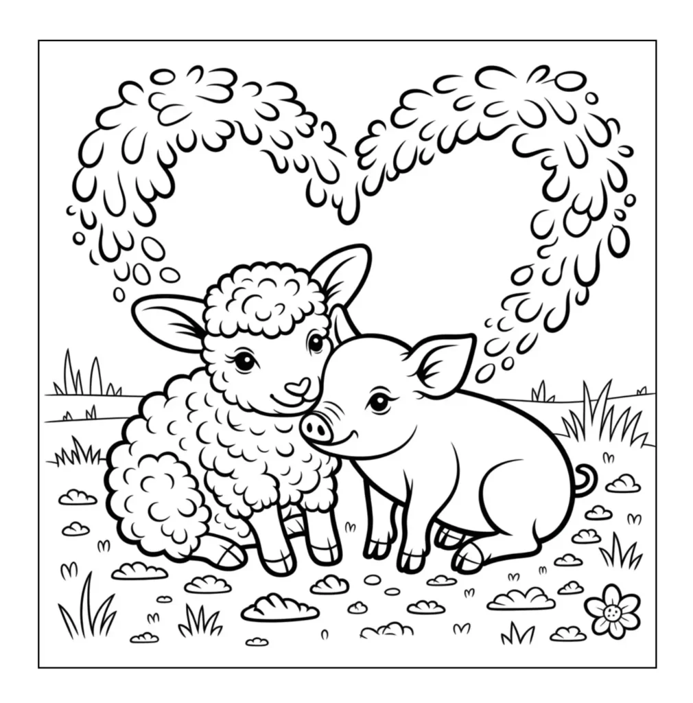 Lamb and pig resting together.