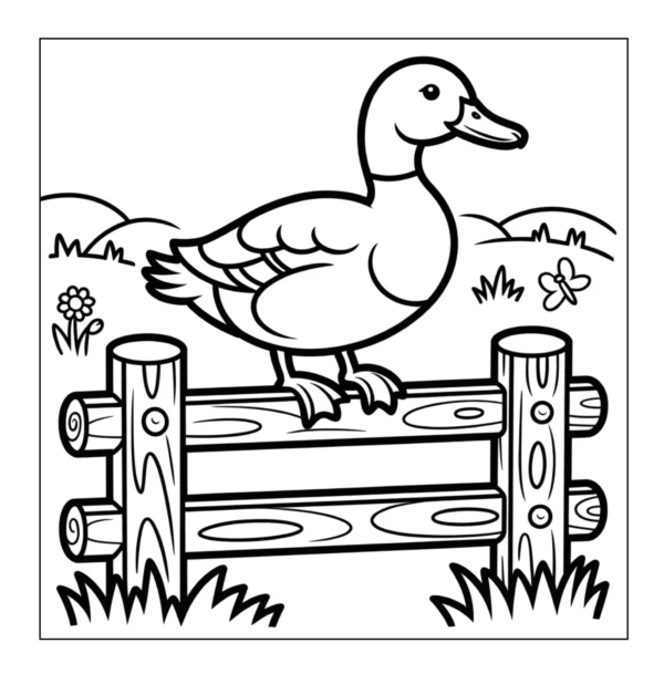 Cute duck on wooden fence.
