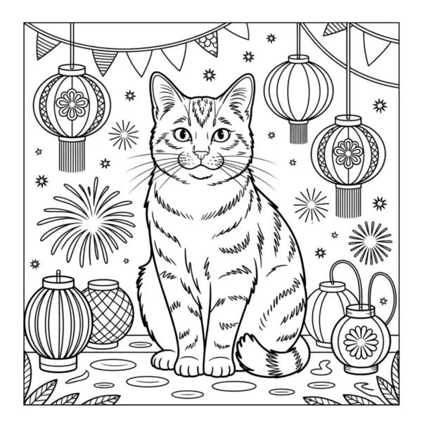 Festive Cat Celebration Cat sitting among festive lanterns.