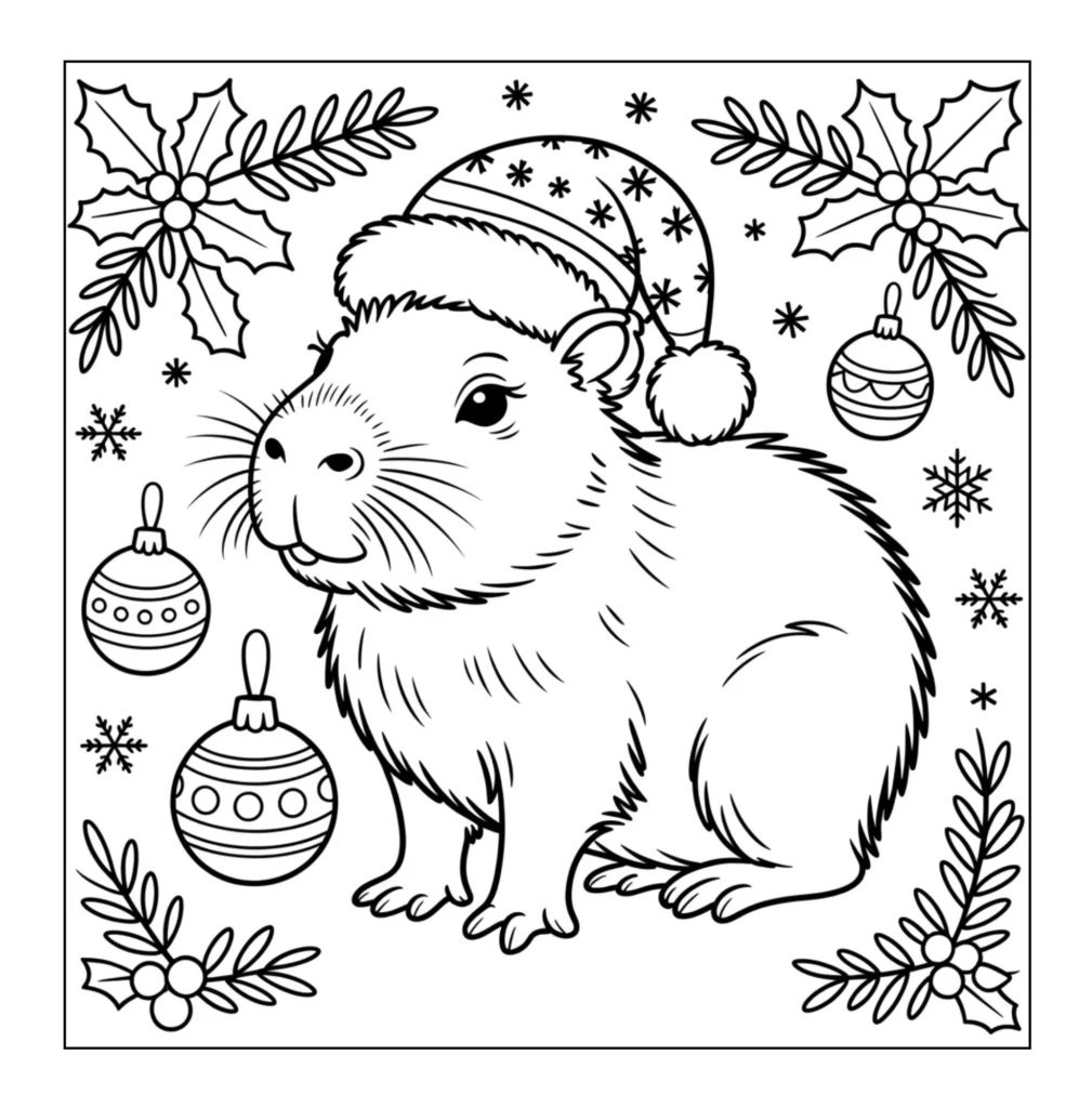 Capybara wearing Santa hat celebrating Christmas.