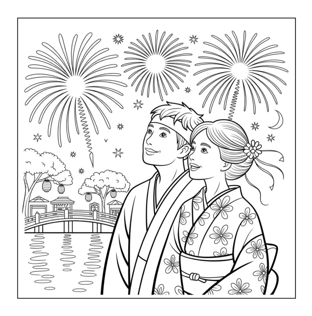 Couple watching fireworks in traditional clothes.