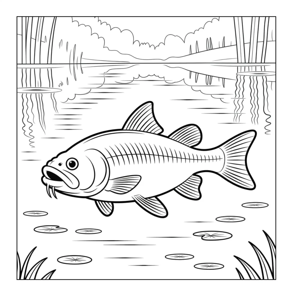 Fish swimming in lily pond.
