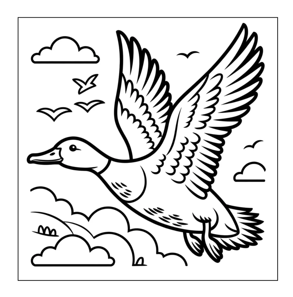 Duck flying high in sky.