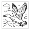 Duck flying high in sky.