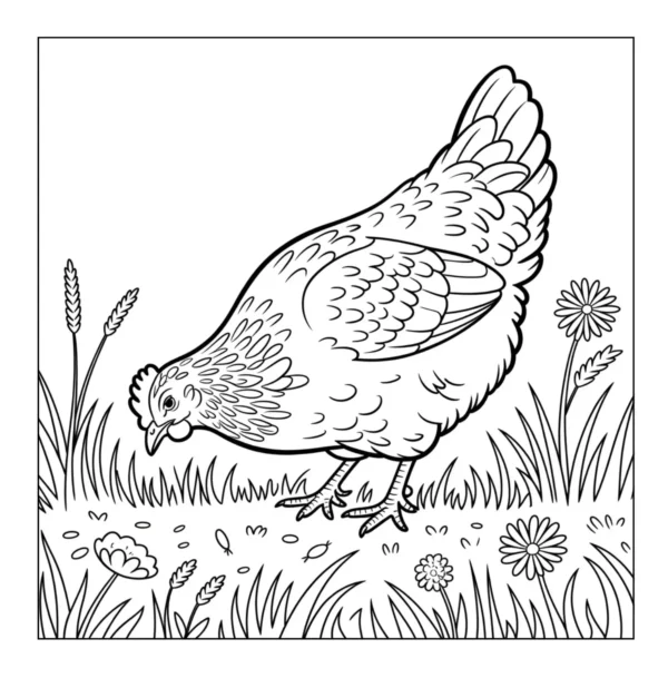Hen foraging in grassy field.