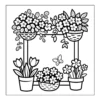 Hanging baskets and pots with flowers.