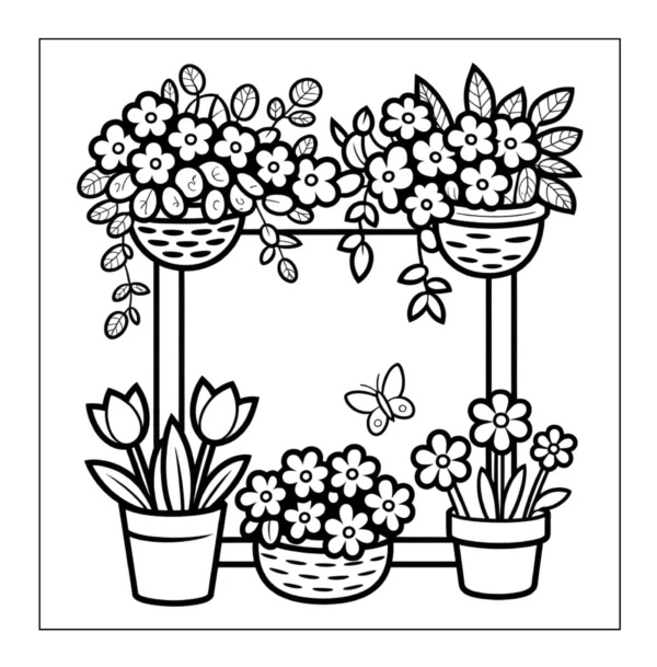 Hanging baskets and pots with flowers.