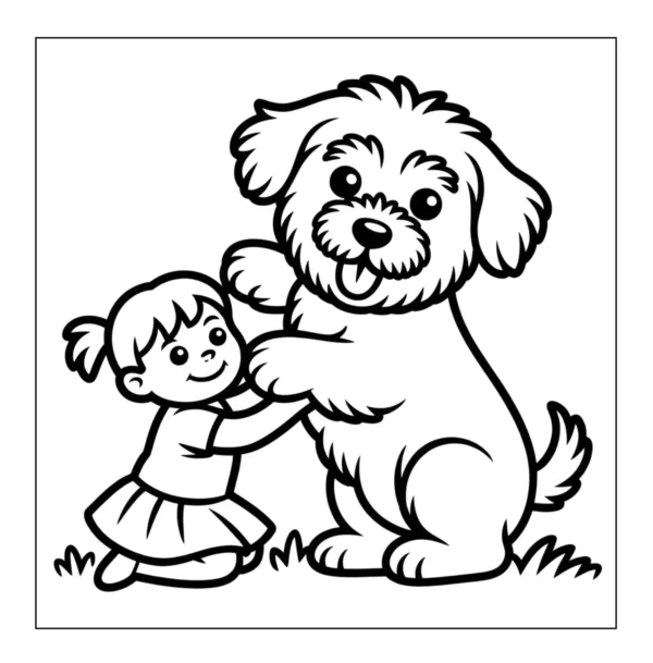 Happy Child Hugging Girl hugging her cute puppy.