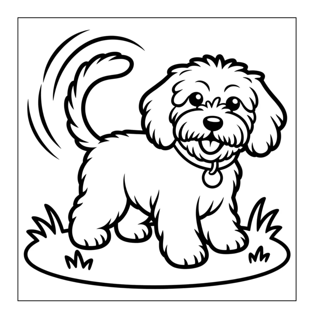 Puppy wagging tail in grass.