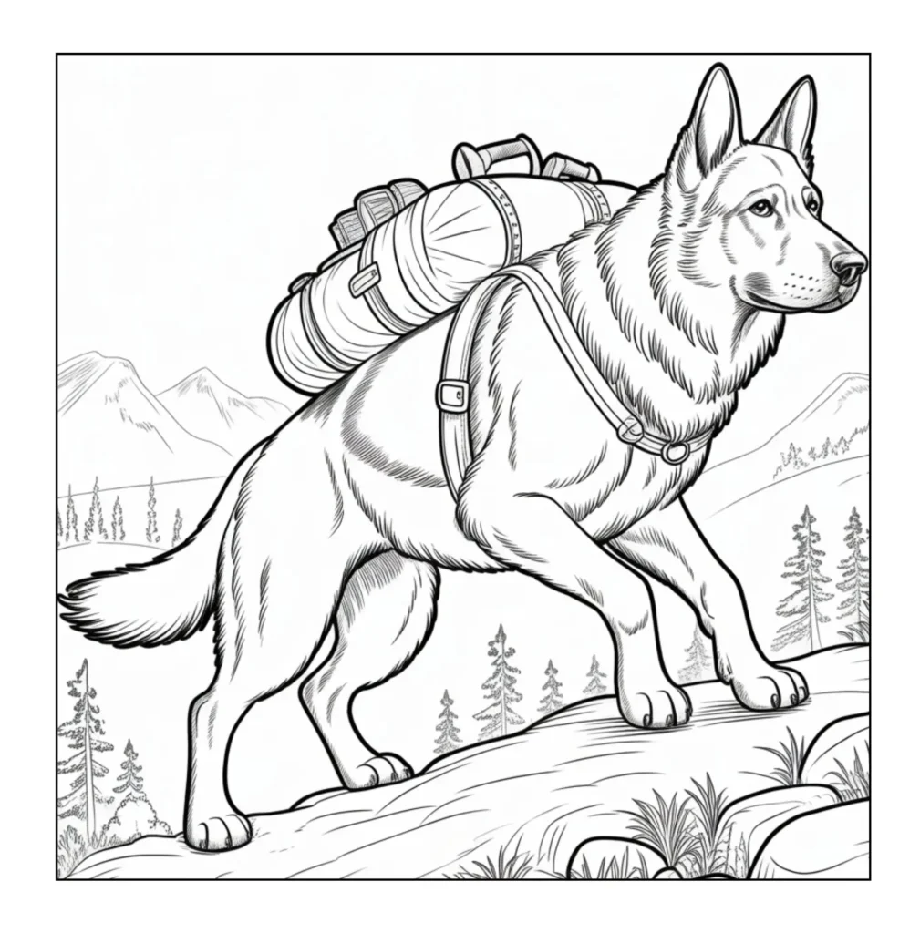 German Shepherd carrying a backpack.