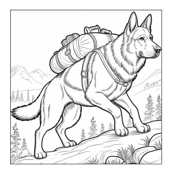 German Shepherd carrying a backpack.