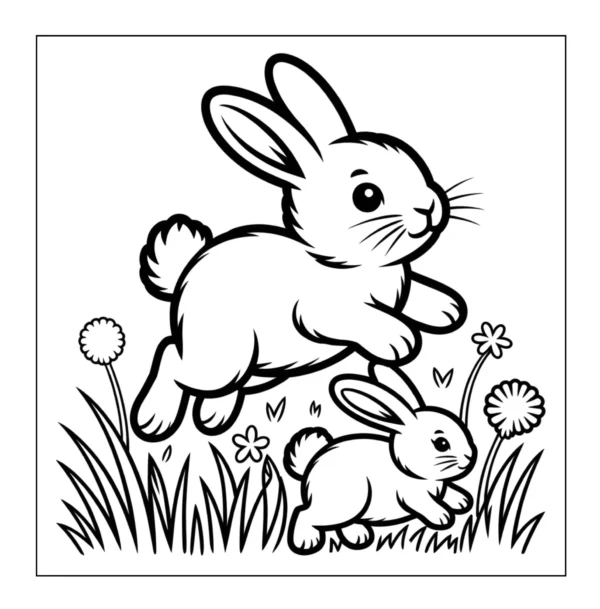 Two cute bunnies jumping in grass.