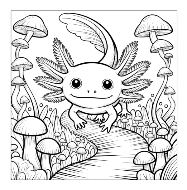 Axolotl swimming underwater with bubbles.