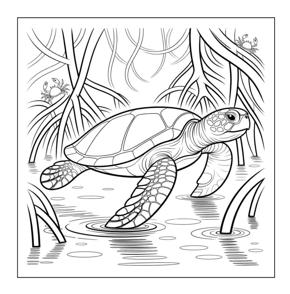 Sea turtle swimming in mangroves.