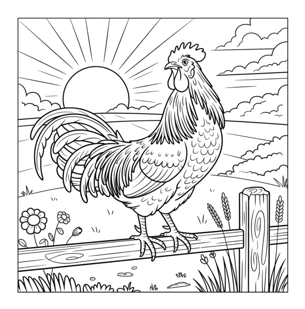Proud rooster on farm fence.