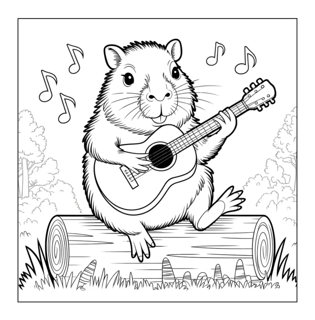 Capybara playing guitar on a log.