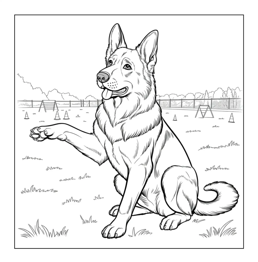 German Shepherd sitting on grass.