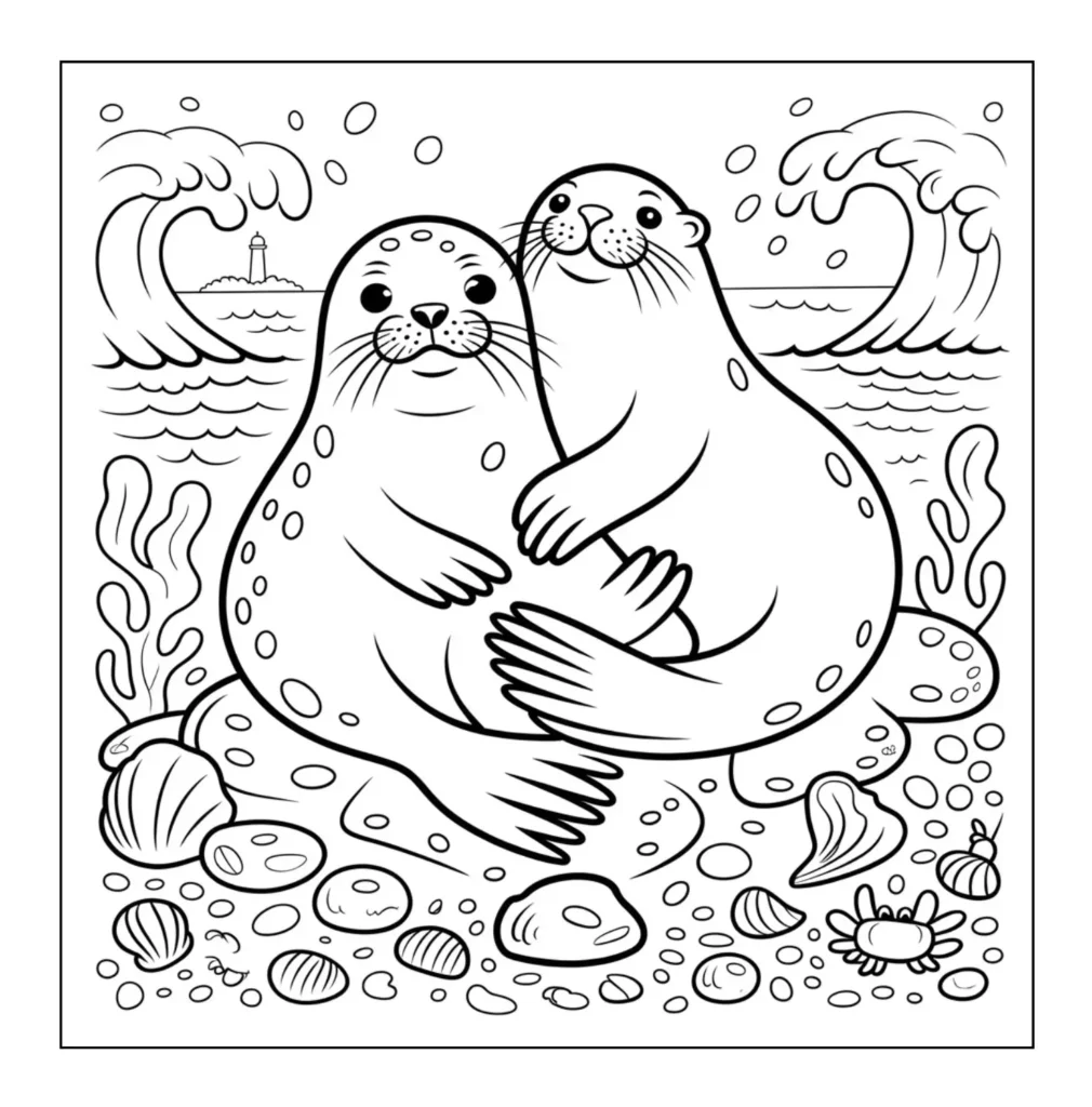 Two seals cuddling on rocks.