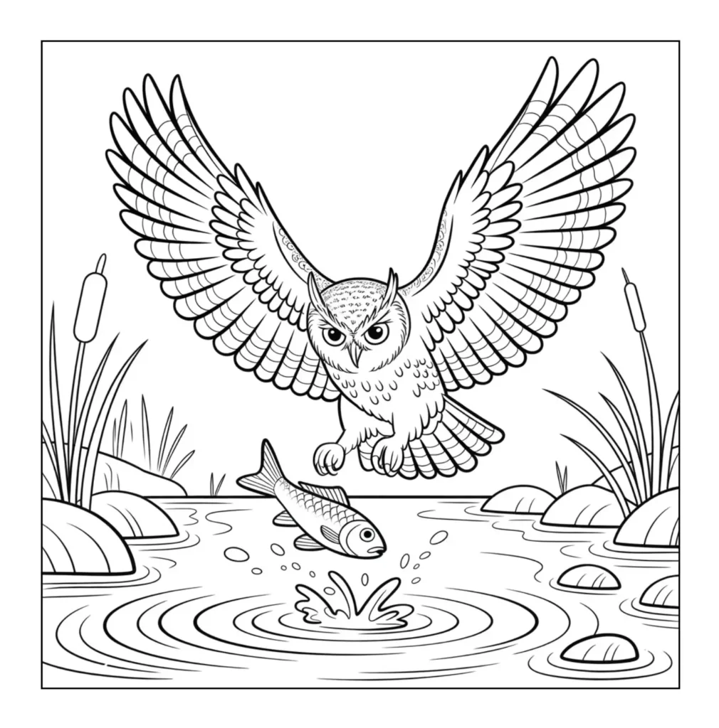 Owl catching fish in water.