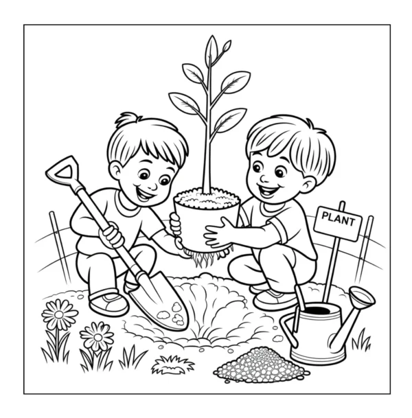 Children planting tree in garden.