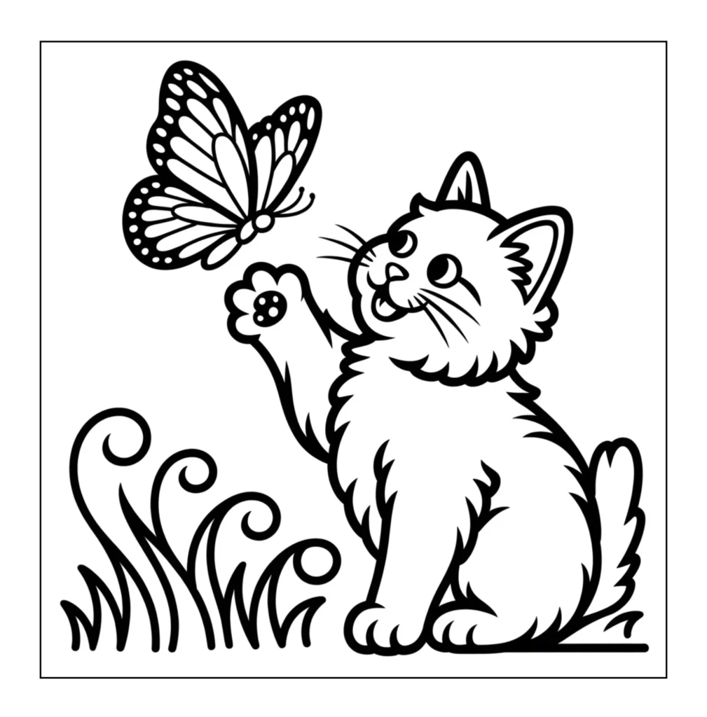 Kitten playing with flying butterfly.