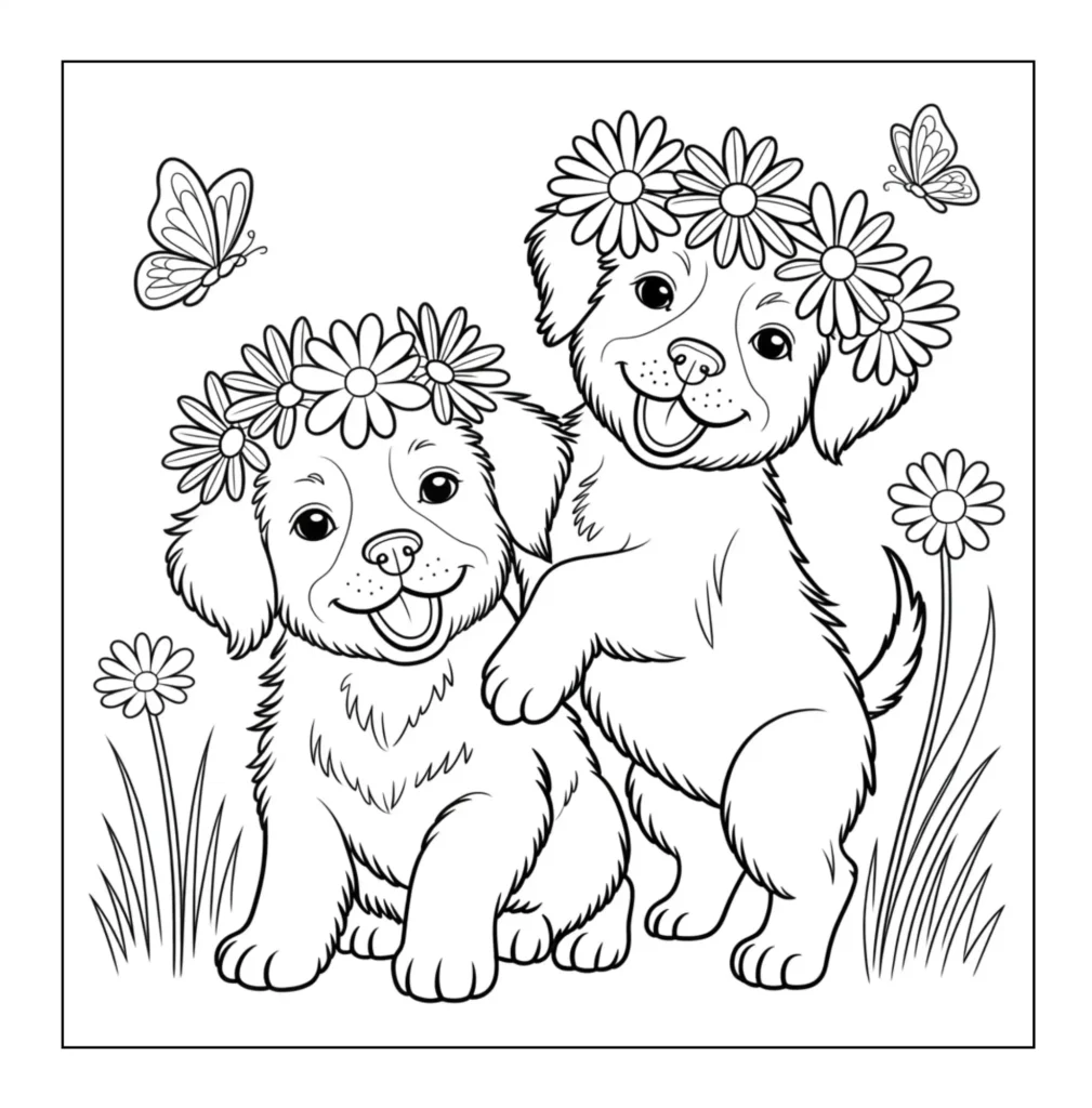 Puppies wearing flower crowns playing.