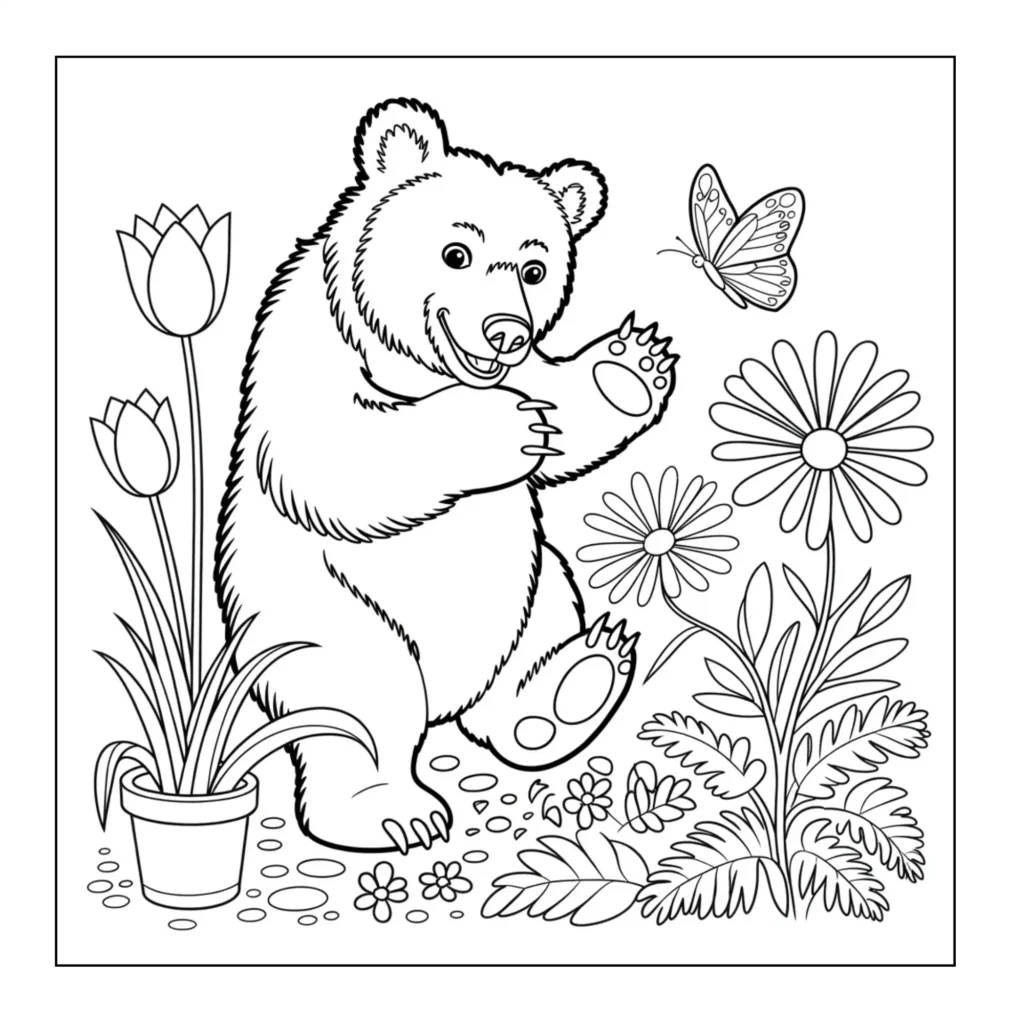 Happy bear dancing in flowers.