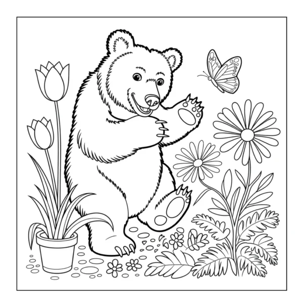 Happy bear dancing in flowers.