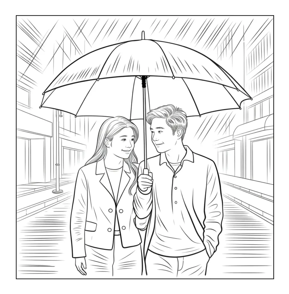 Couple sharing umbrella in rain.