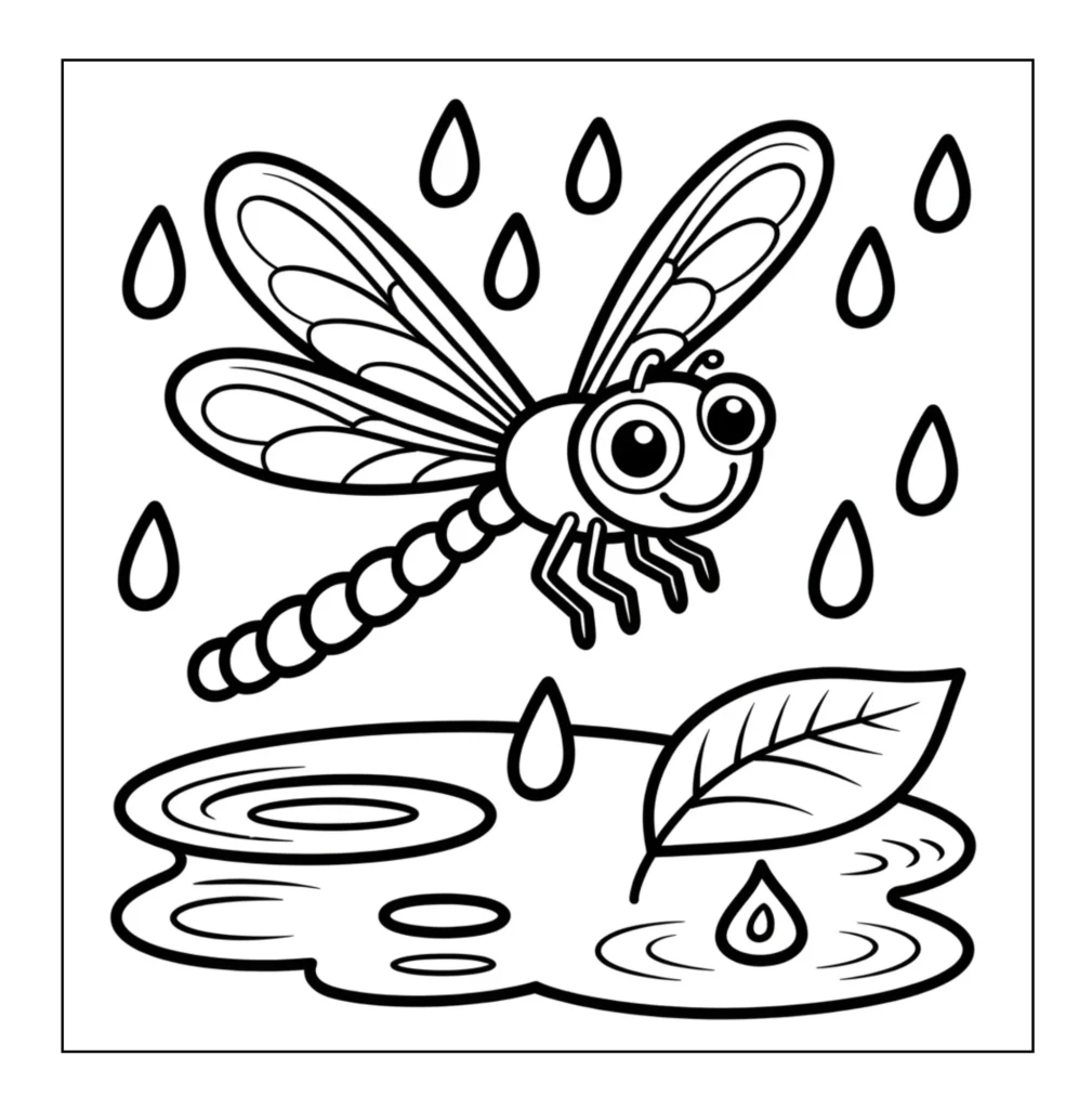 Dragonfly hovering over rainy puddle.