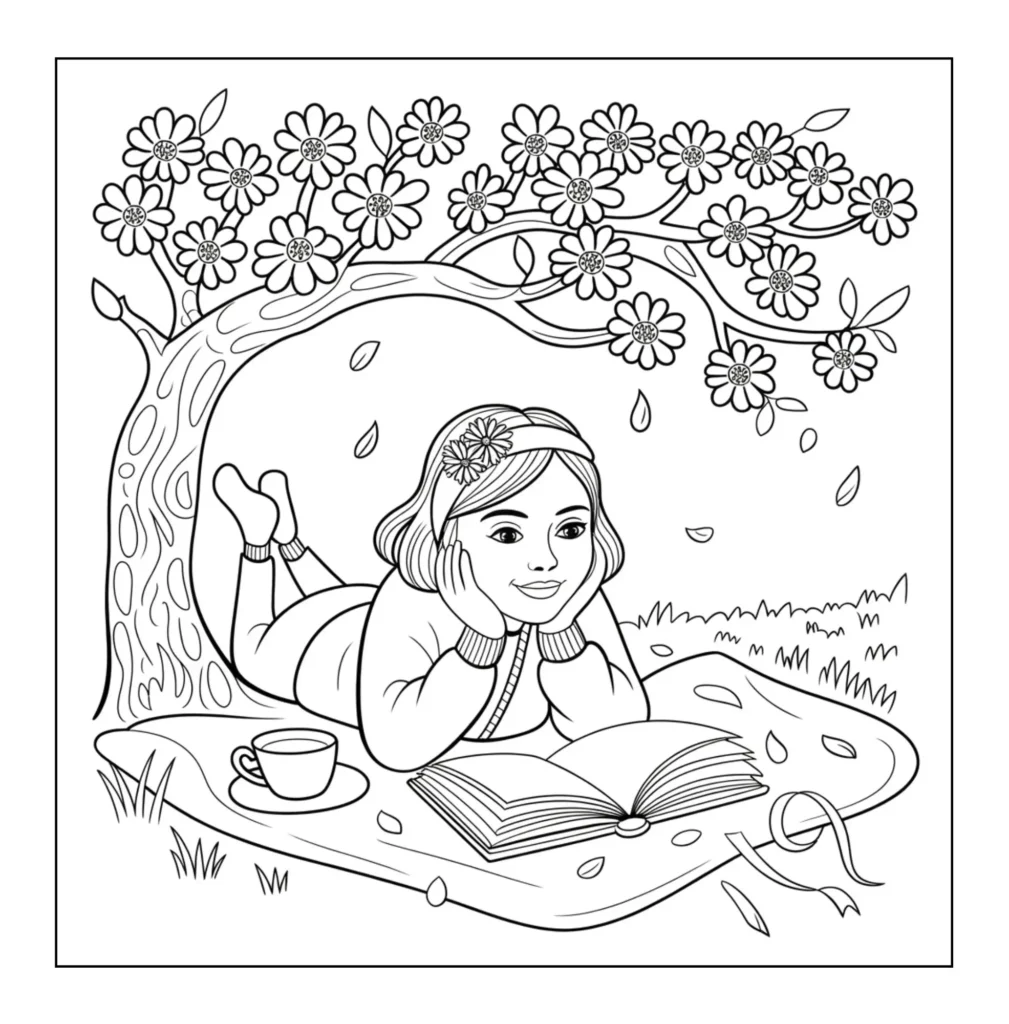 Girl reading book under tree.
