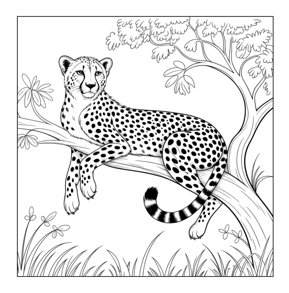 Cheetah resting on tree branch.