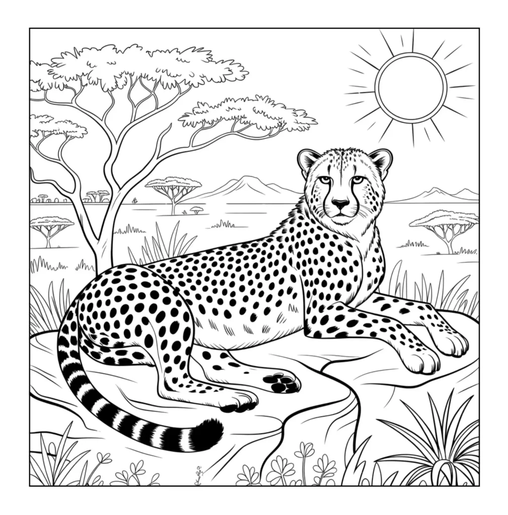 Cheetah resting on savannah rocks.