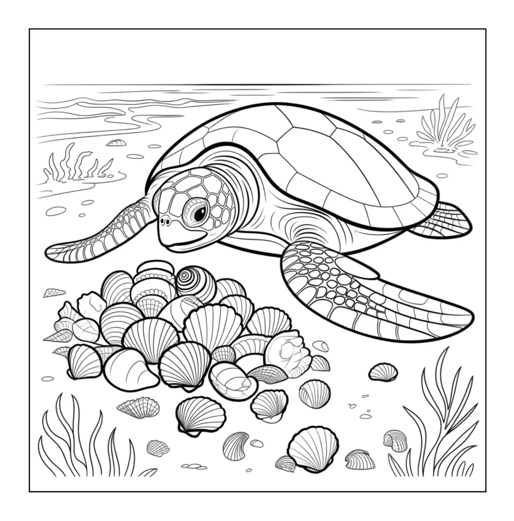 Sea turtle swimming over seashells.
