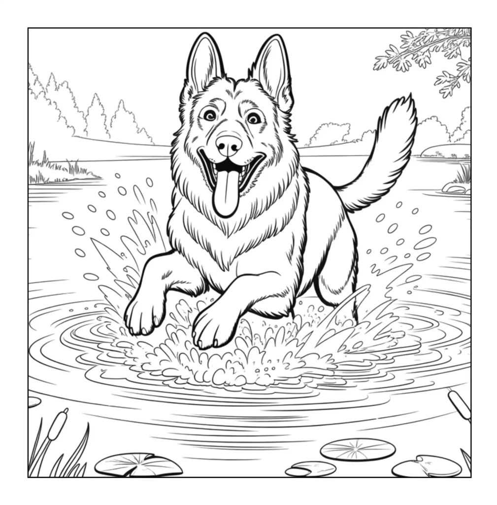 German Shepherd splashing in water.