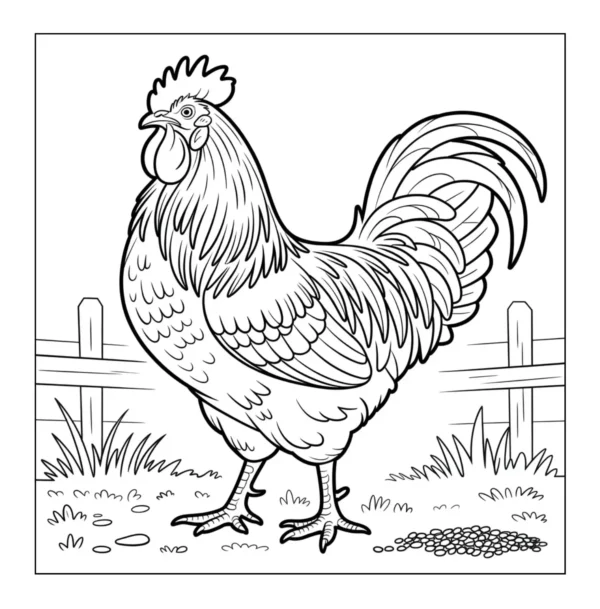 Magnificent rooster standing near fence.