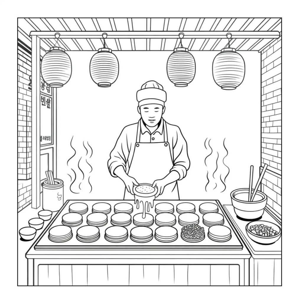Vendor cooking street food at stall.