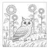 Owl sitting near tall sunflowers.